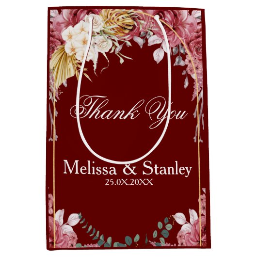 Elegant Floral Burgundy Gold Eucalyptus Weddenscha Medium Cadeauzakje (Voorkant)