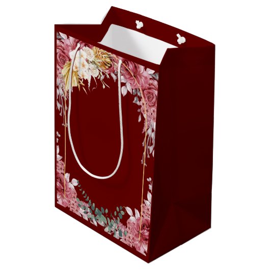 Elegant Floral Burgundy Gold Eucalyptus Weddenscha Medium Cadeauzakje (Achterkant Gekanteld)