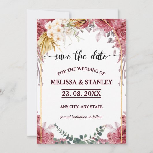 Elegant Floral Burgundy Gold Eucalyptus Weddenscha Save The Date (Voorkant)