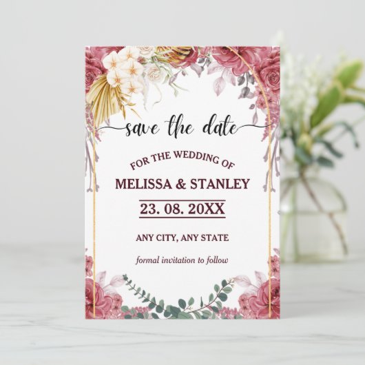 Elegant Floral Burgundy Gold Eucalyptus Weddenscha Save The Date (Staand voorkant)