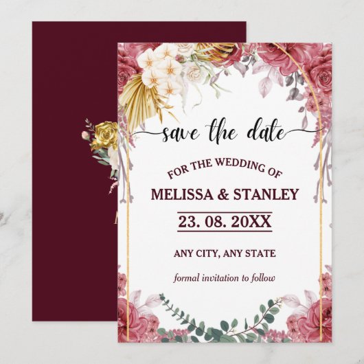 Elegant Floral Burgundy Gold Eucalyptus Weddenscha Save The Date (Voorkant / Achterkant)