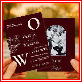 Elegant Floral Burgundy Ivory Formal Wedding Photo Kaart