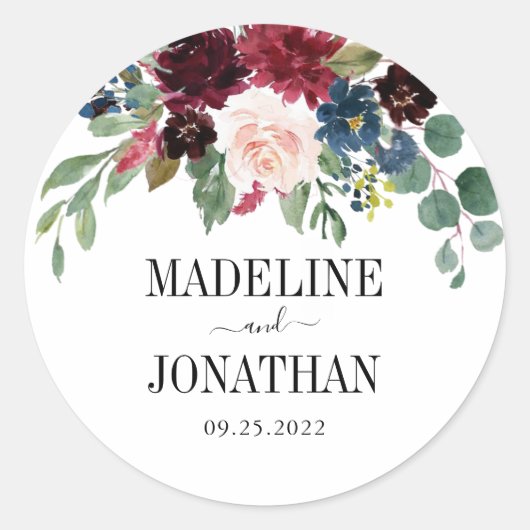 Elegant Floral Burgundy Navy Blue Wedding Ronde Sticker (Voorkant)