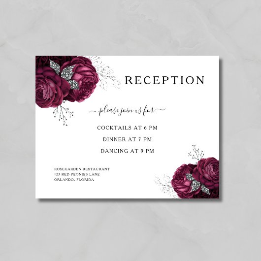 Elegant Floral Burgundy Peonies Wedding Reception Informatiekaartje