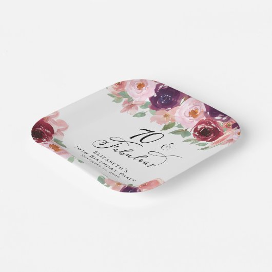 Elegant Floral Burgundy Pink 70e verjaardag Papieren Bordje (Gebogen)