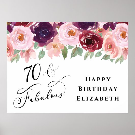 Elegant Floral Burgundy Pink 70e verjaardag Poster (Voorkant)