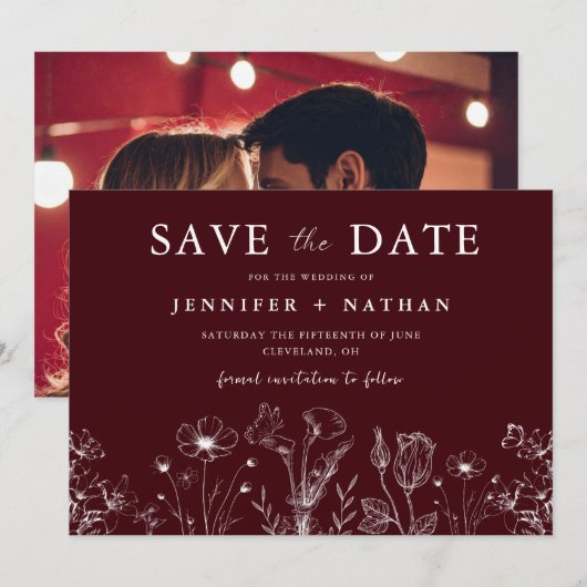 Elegant Floral Burgundy Save the Date Card (Voorkant / Achterkant)
