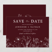 Elegant Floral Burgundy Save the Date Card (Voorkant / Achterkant)