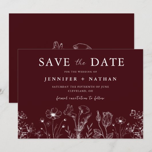 Elegant Floral Burgundy Save the Date Card (Voorkant / Achterkant)