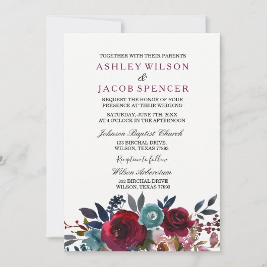 Elegant Floral Burgundy Spring Wedding Invite Kaart (Voorkant)