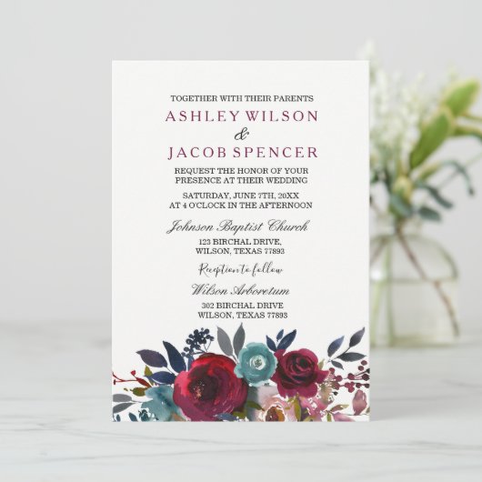 Elegant Floral Burgundy Spring Wedding Invite Kaart (Staand voorkant)