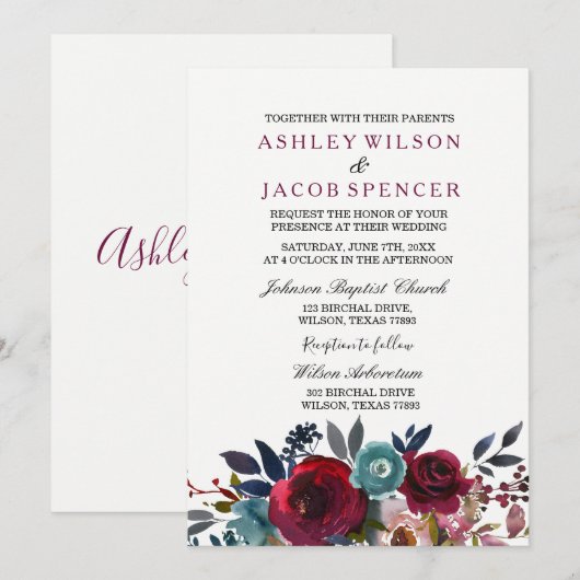Elegant Floral Burgundy Spring Wedding Invite Kaart (Voorkant / Achterkant)