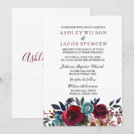 Elegant Floral Burgundy Spring Wedding Invite Kaart