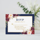 Elegant Floral Burgundy Wedding Blue Gold RSVP Kaartje (Staand voorkant)