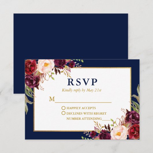 Elegant Floral Burgundy Wedding Blue Gold RSVP Kaartje (Voorkant / Achterkant)