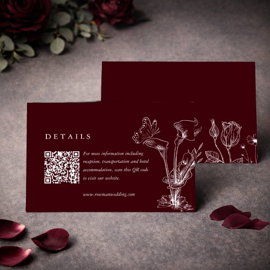 Elegant Floral Burgundy Wedding Details QR Code  Informatiekaartje