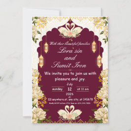 Elegant Floral Burgundy Wedding Invitation  Kaart