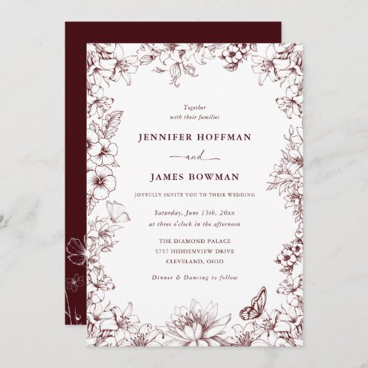 Elegant Floral Burgundy Wedding Invitation Kaart (Voorkant / Achterkant)