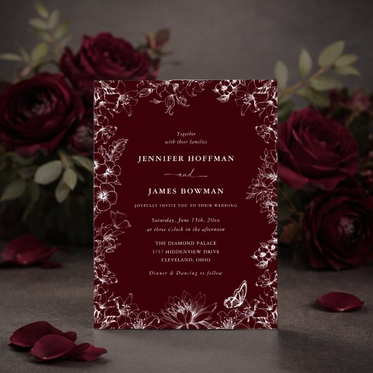 Elegant Floral Burgundy Wedding Invitation Kaart