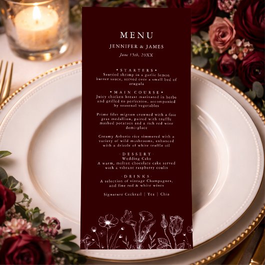 Elegant Floral Burgundy Wedding  Menu