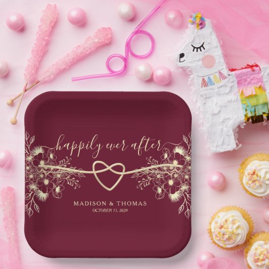 Elegant Floral Burgundy Wedding Papieren Bordje (Feest)