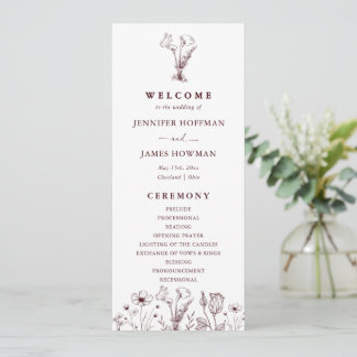 Elegant Floral Burgundy Wedding Programmakaart