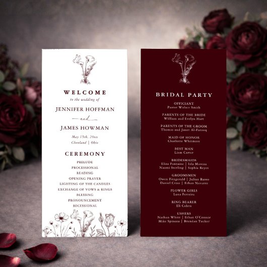Elegant Floral Burgundy Wedding  Programmakaart