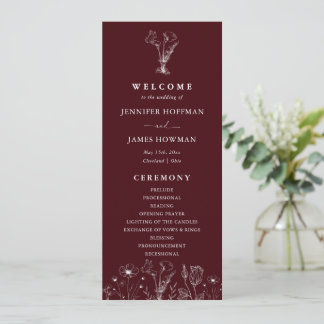 Elegant Floral Burgundy Wedding Programmakaart