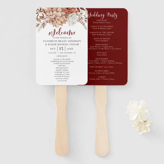 Elegant Floral Burgundy Wedding Programme Hand Fan Handwaaier (Voorkant en achterkant)
