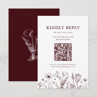 Elegant Floral Burgundy Wedding QR Code RSVP Kaartje