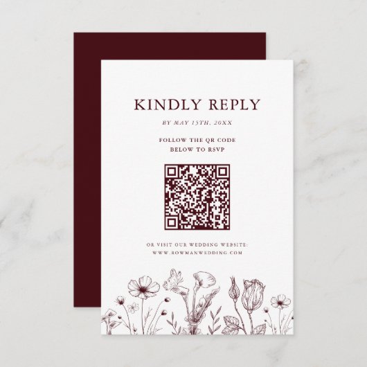 Elegant Floral Burgundy Wedding QR Code RSVP Kaartje (Voorkant / Achterkant)