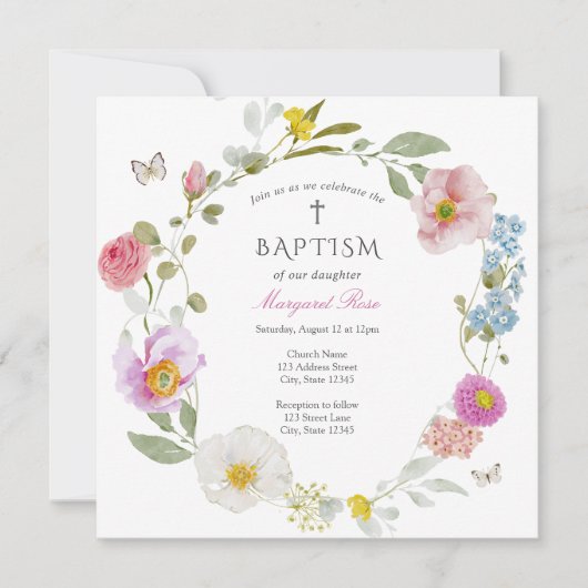 Elegant Floral Butterfly Baptism Invitation Kaart (Voorkant)