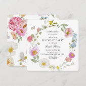 Elegant Floral Butterfly Birthday Invitation Kaart (Voorkant / Achterkant)