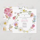 Elegant Floral Butterfly Communion Invitation Kaart (Voorkant / Achterkant)