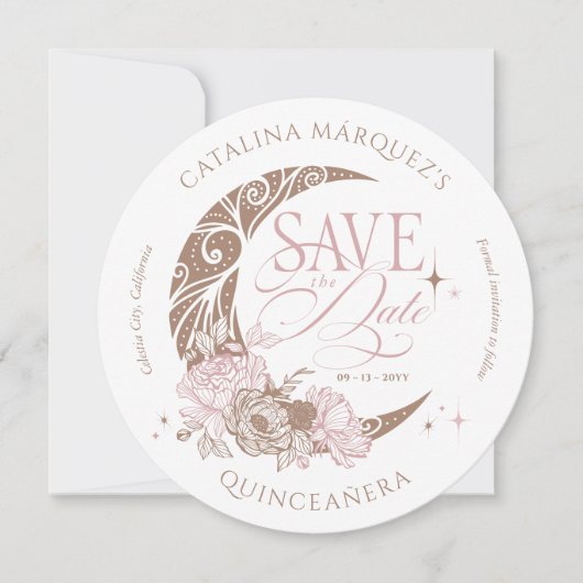 Elegant Floral Celestial Moon Stars Quinceanera Save The Date (Voorkant)