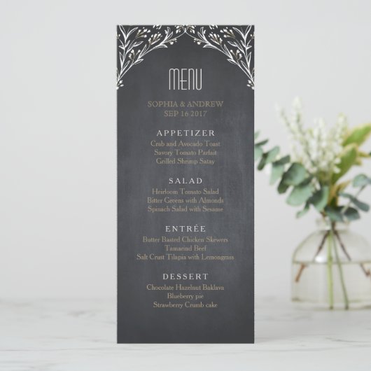 Elegant floral chalkboard rustig bruiloft menu (Staand voorkant)