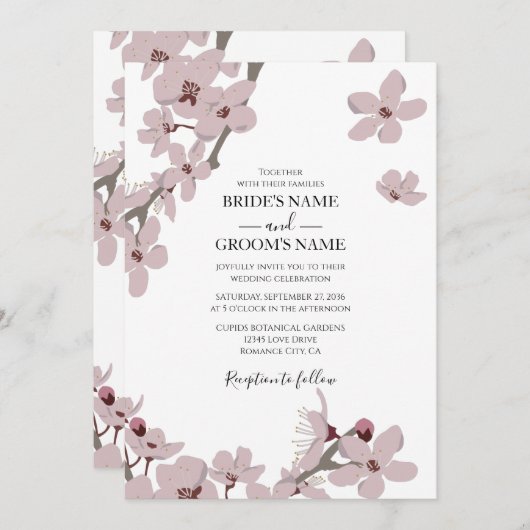 Elegant Floral Cherry Blossom Wedding Invitations Kaart (Voorkant / Achterkant)