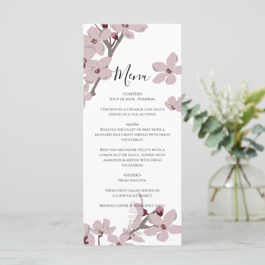 Elegant Floral Cherry Blossom Wedding Menu (Staand voorkant)