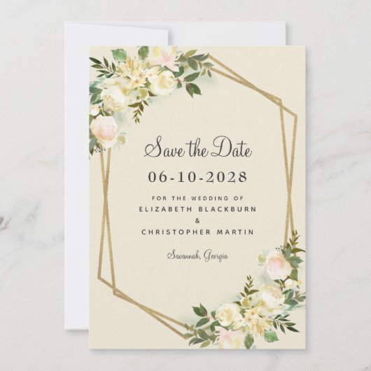 Elegant Floral Chic Gold Greenery Roos Wedding Save The Date (Voorkant)