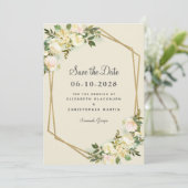 Elegant Floral Chic Gold Greenery Roos Wedding Save The Date (Staand voorkant)