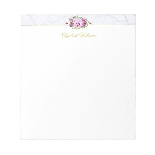 Elegant Floral Chic Marble Paarse Pansies Notitieblok (Voorkant)