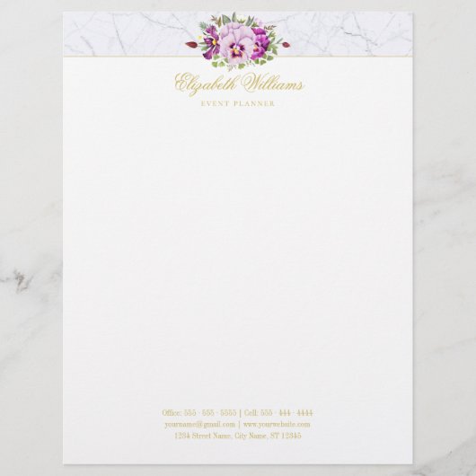 Elegant Floral  Chic Pansies Paarse marmer Briefhoofd (Voorkant)