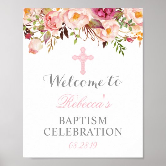 Elegant Floral Christening Baptism Welkomstteken Poster (Voorkant)