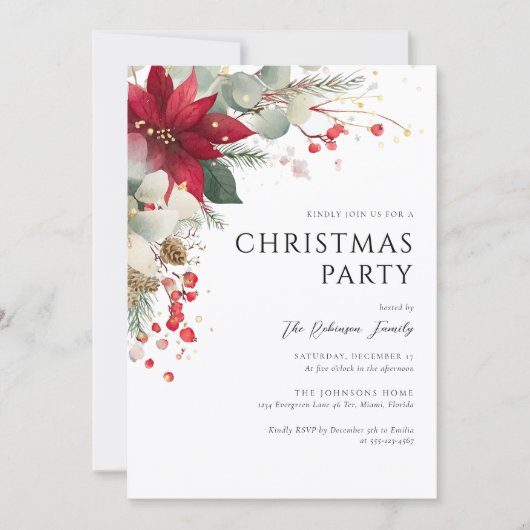 Elegant Floral Christmas Party Red Kaart (Voorkant)