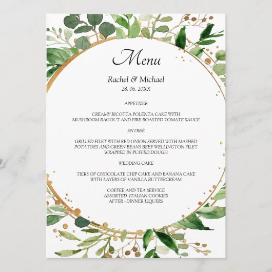 Elegant Floral Circle Green Gold Menu (Voorkant)