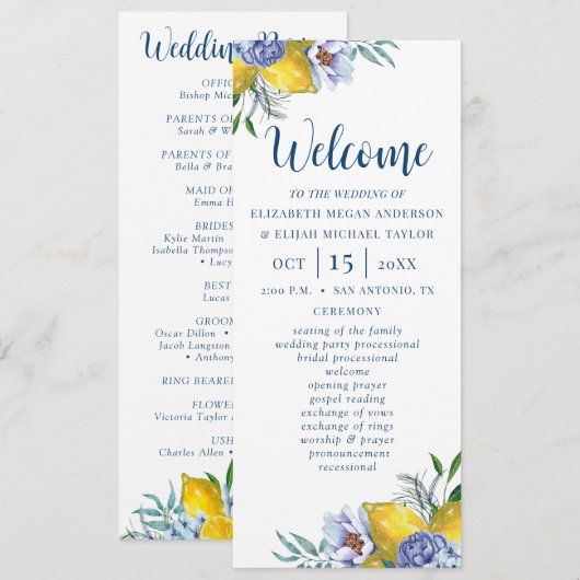 Elegant Floral Citroen Trouwprogramma Kaart (Voorkant / Achterkant)