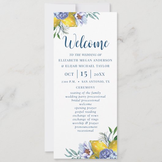 Elegant Floral Citroen Trouwprogramma Kaart (Voorkant)