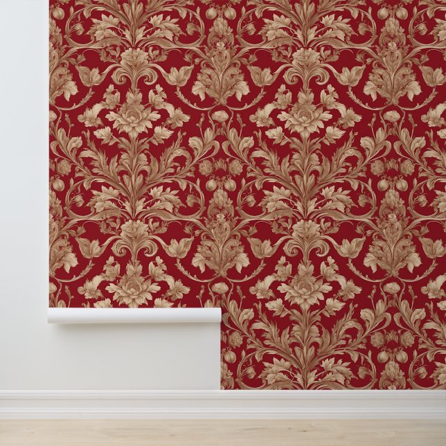Elegant Floral Classic Patrooned Botanisch Rood Behang (Applicatie)