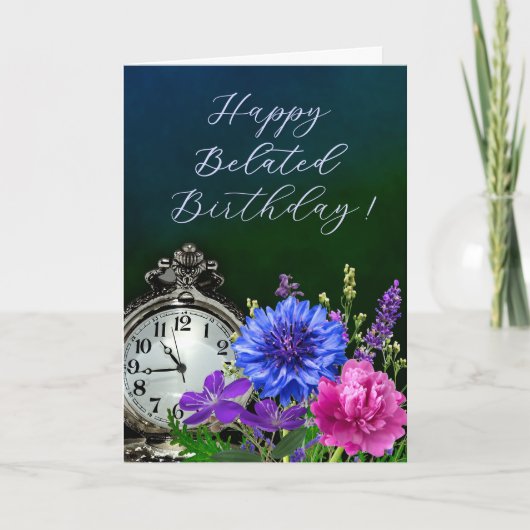 Elegant Floral Clock Belated Birthday Card Kaart (Voorkant)