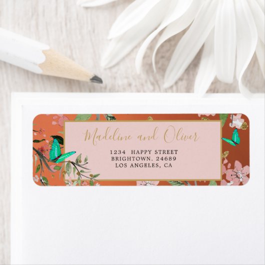 Elegant Floral Coral Pink Gold Chinoiserie Weddens Etiket (Insitu)